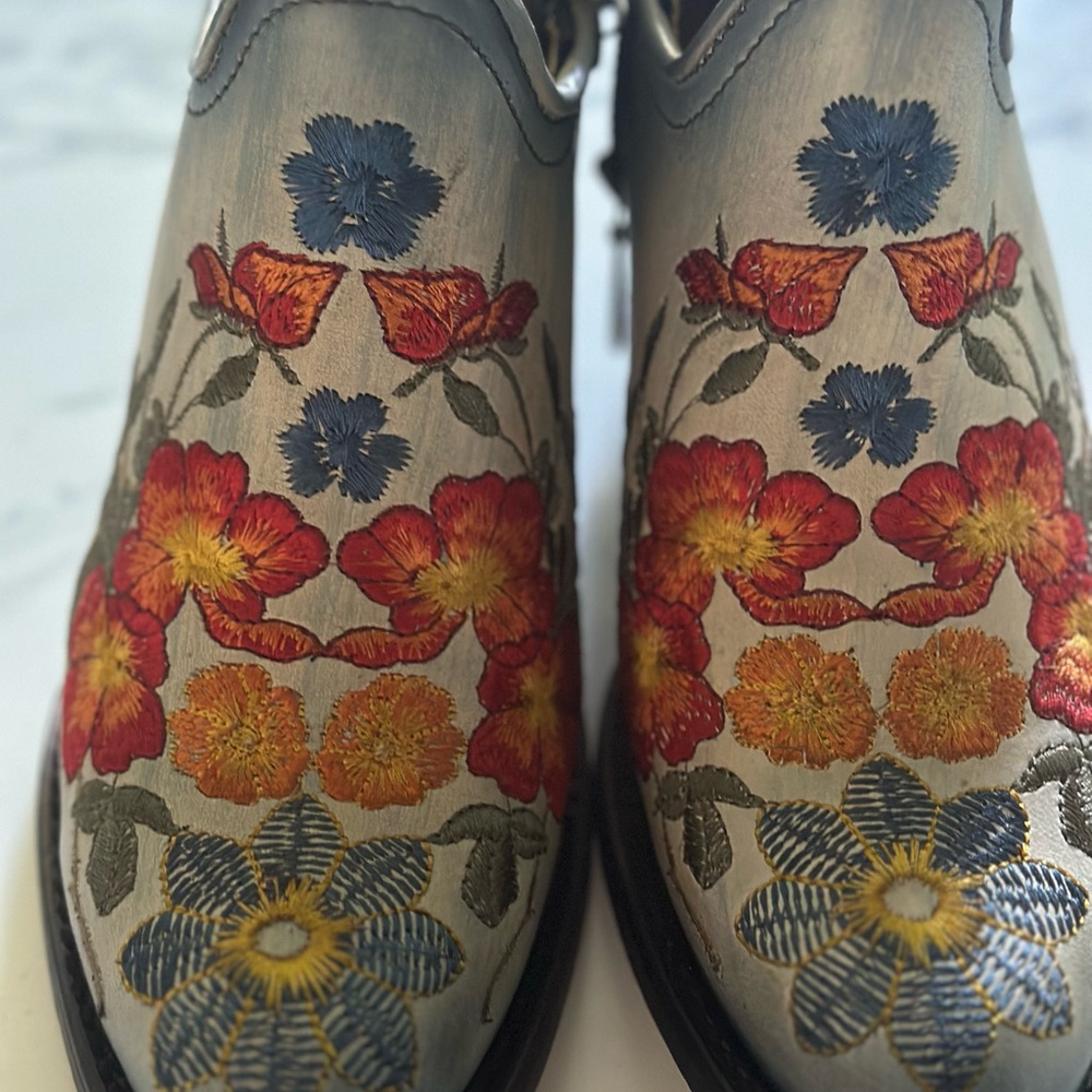 Blue and Red Ankle Boots with Floral Embroidery